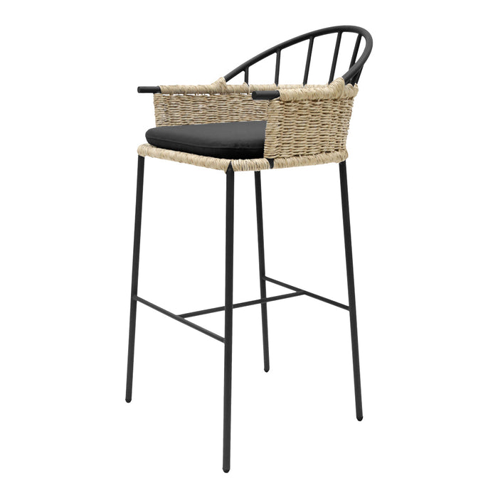Black and natural woven bar stool with sleek black metal legs and curved backrest, perfect for modern decor.