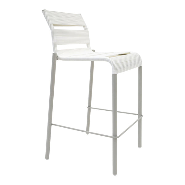 White bar stool with a sleek design, featuring horizontal slats and a light gray metal frame. Perfect for modern spaces.
