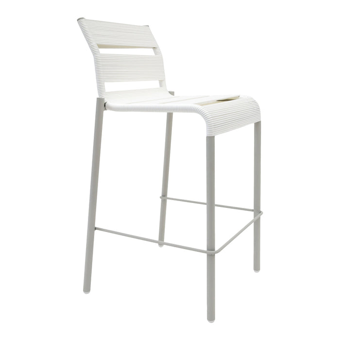White bar stool with a sleek design, featuring horizontal slats and a light gray metal frame. Perfect for modern spaces.