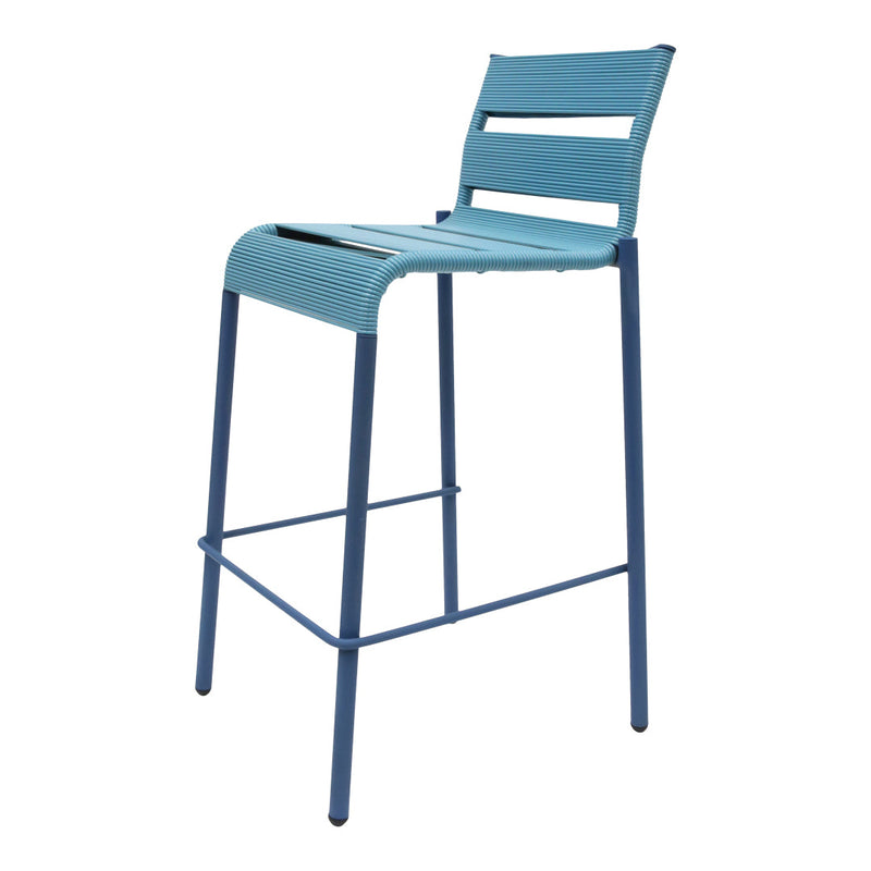 Light blue and dark blue bar stool with a sleek, modern design and horizontal slat pattern. Perfect for contemporary spaces.