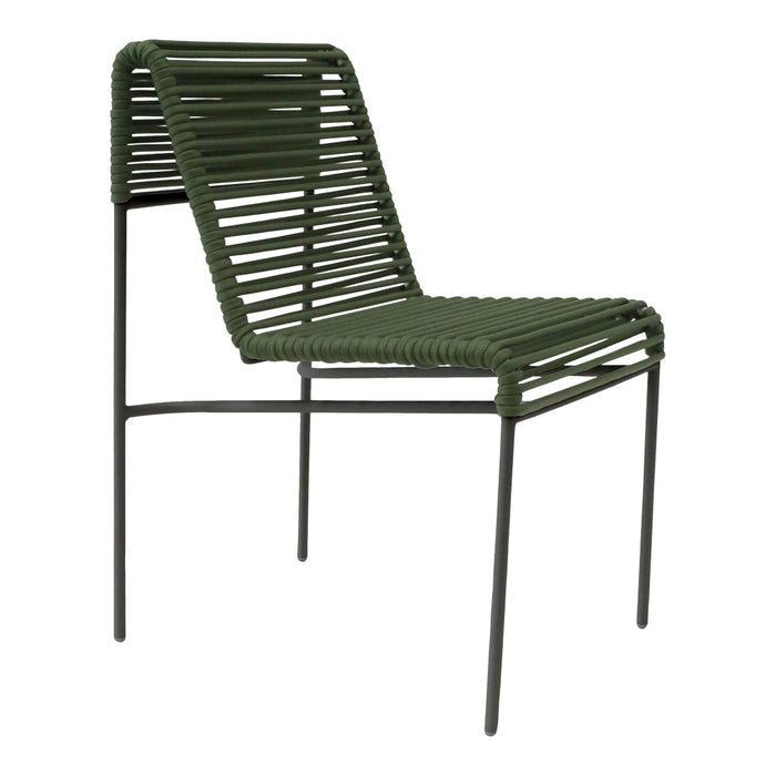 Green, striped outdoor chair with metal frame, featuring a modern, minimalist design.