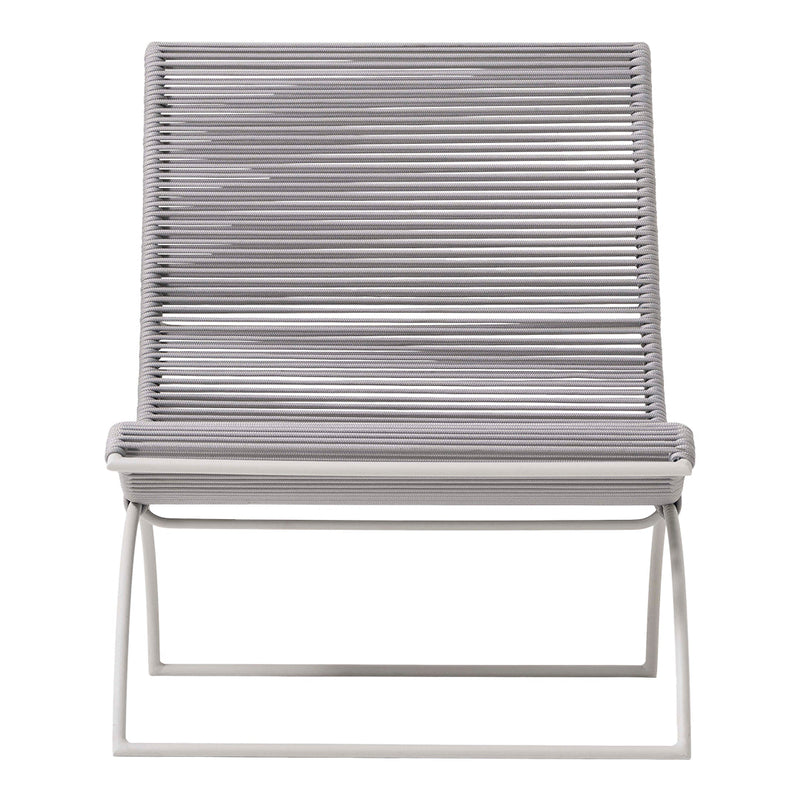 Gray striped lounge chair with a minimalist design and sleek metal frame, perfect for modern decor.