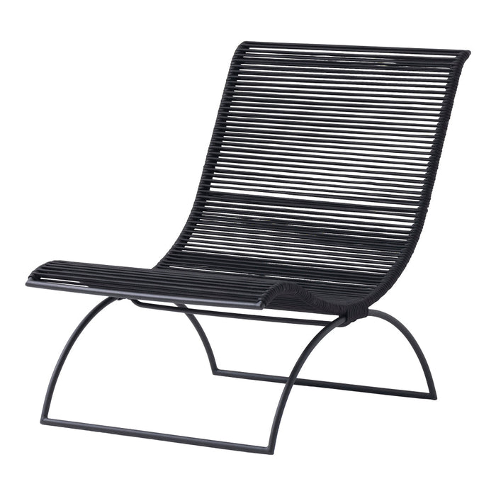 Black striped lounge chair with a modern, sleek design featuring horizontal lines and a minimalist silhouette.