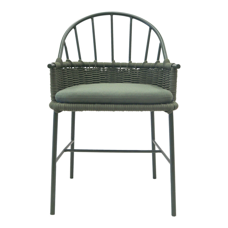 Green wicker chair with a round back and soft cushion, featuring a modern design and textured accents.