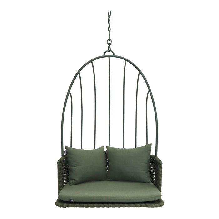 Hanging chair in dark metal with olive green cushions and a sleek, modern design. Perfect for outdoor relaxation.