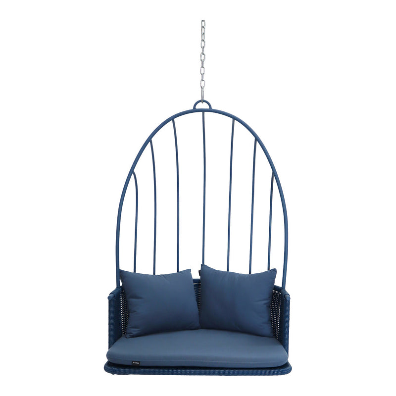 Navy blue hanging chair with solid cushions and a sleek, curved wire frame. Perfect for outdoor relaxation.
