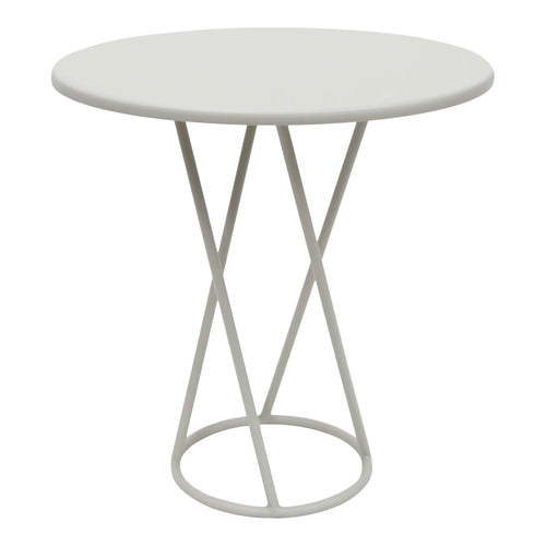 Modern round table with a sleek white top and minimalist geometric metal base in light gray. Perfect for contemporary decor.