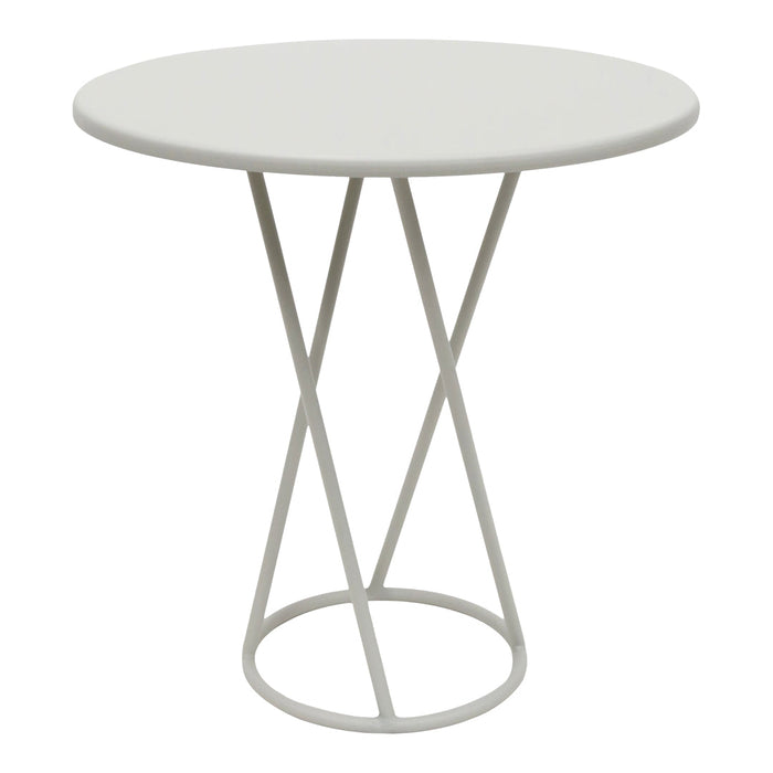 Modern round table with a sleek white top and minimalist geometric metal base in light gray. Perfect for contemporary decor.
