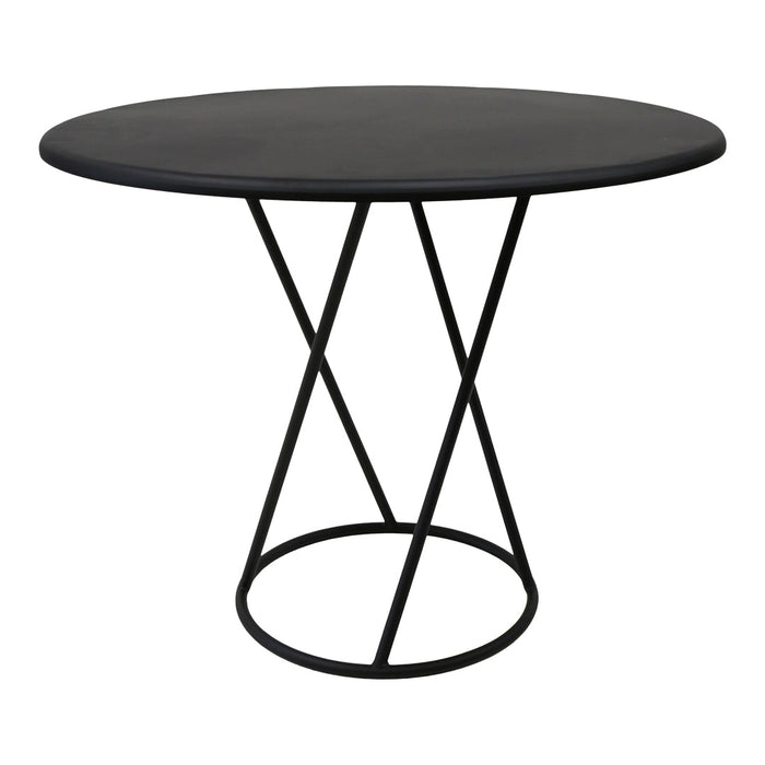 Black round tabletop with a sleek, modern black metal base featuring a geometric crisscross pattern.