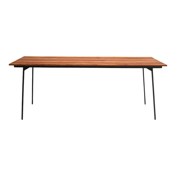 Stylish wooden table with a rich brown finish, complemented by sleek black metal legs. No visible patterns.