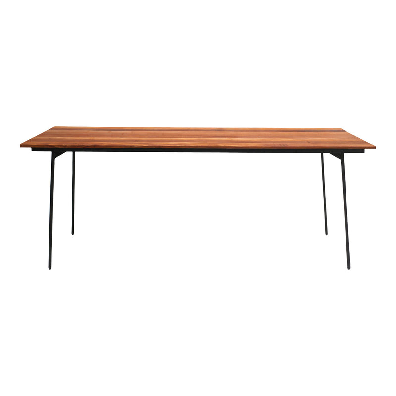 Stylish wooden table with a rich brown finish, complemented by sleek black metal legs. No visible patterns.