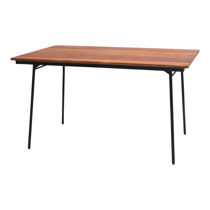 Wooden tabletop with a rich brown finish and sleek black metal legs, featuring a minimalist design.