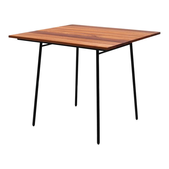 "Square wooden table with a rich brown wood grain surface and black metal legs."