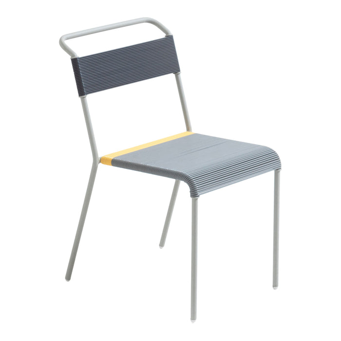 Stylish chair featuring a gray seat and backrest with yellow accents, complemented by a sleek, silver frame.