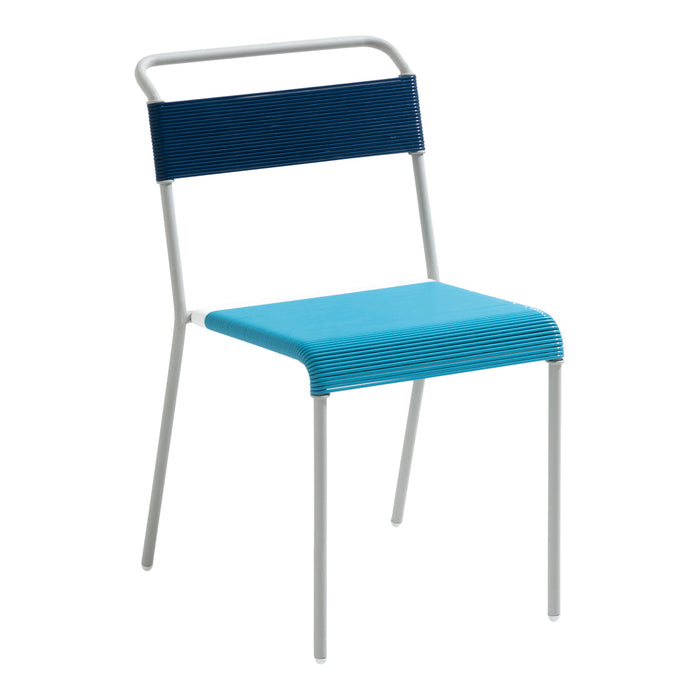 Blue and navy chair with a sleek metal frame and striped seat pattern. Ideal for modern decor.