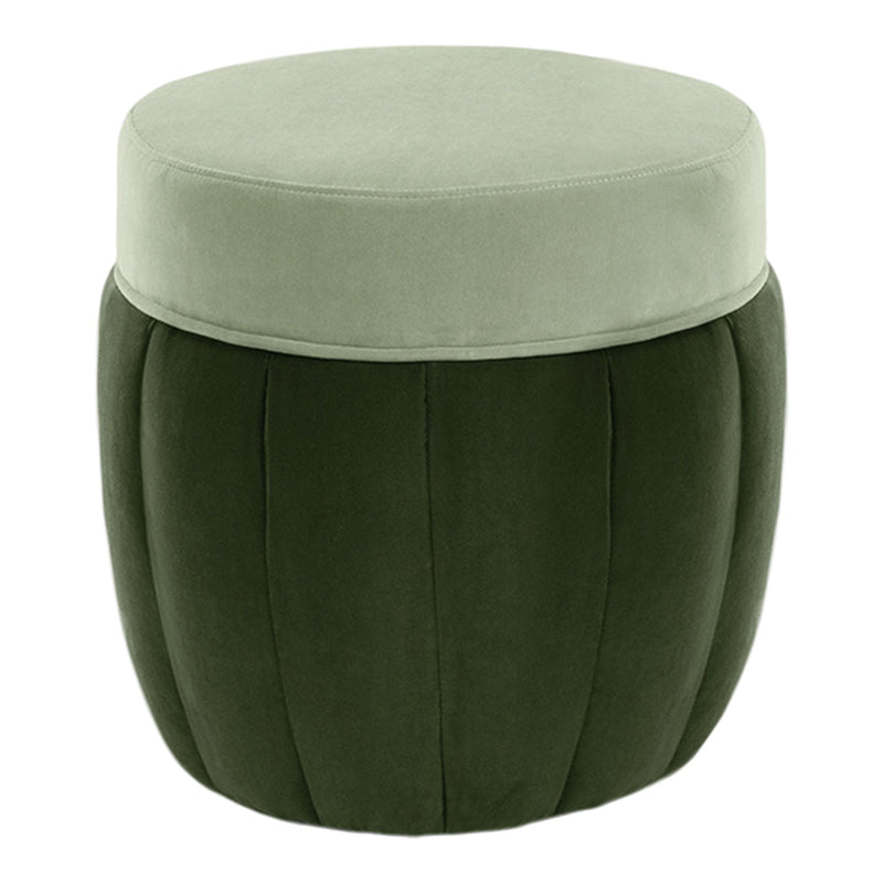 Green velvet storage ottoman with a light green top and ribbed pattern for a stylish accent.