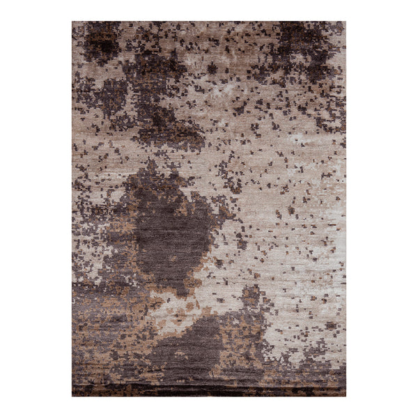 Abstract beige and brown rug with textured patterns and speckled design for a modern look.