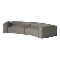 Curved sectional sofa in soft gray fabric with a smooth, minimalist design. Perfect for modern living spaces.