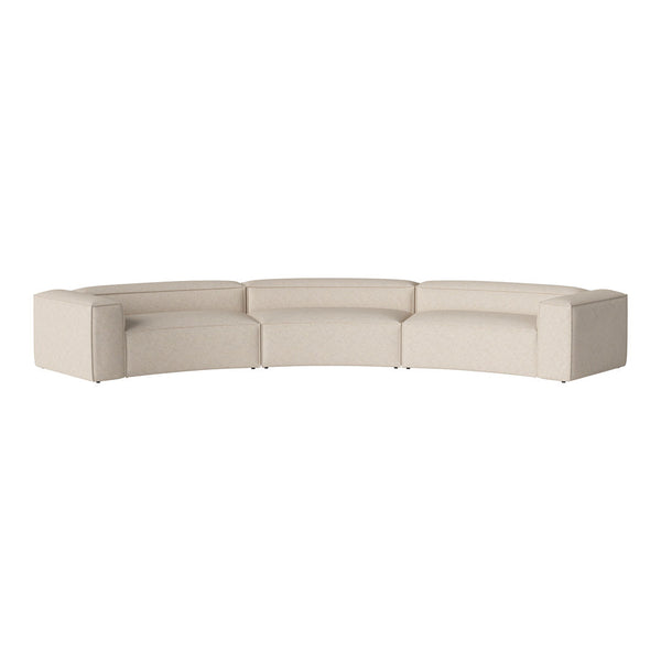 Beige curved sectional sofa with a subtle textured pattern and clean, modern lines. Perfect for minimalist decor.