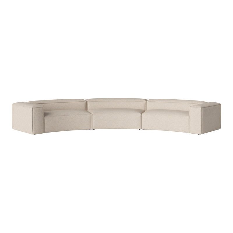 Beige curved sectional sofa with a subtle textured pattern and clean, modern lines. Perfect for minimalist decor.
