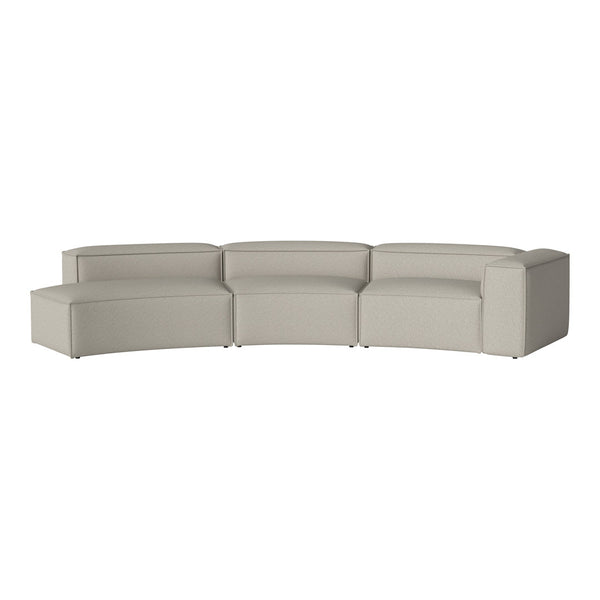 Light beige curved sectional sofa with a smooth, textured fabric for modern elegance.