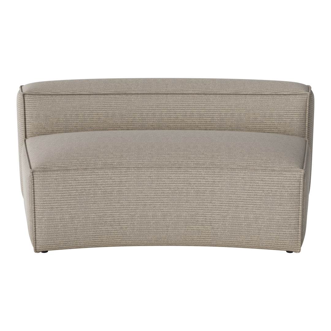 Beige curved sofa with subtle textured stripes, ideal for modern interior decor.