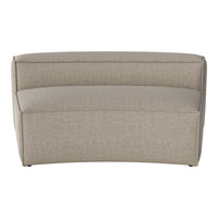 Beige curved sofa with subtle textured stripes, ideal for modern interior decor.