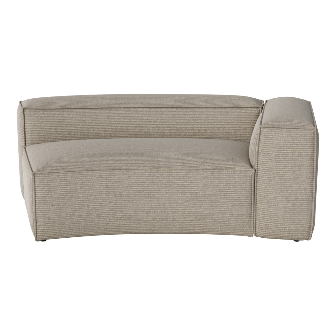 Curved sofa in soft beige with subtle textured stripes, enhancing modern decor elegance.