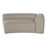 Curved sofa in soft beige with subtle textured stripes, enhancing modern decor elegance.