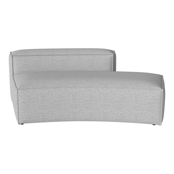 Gray upholstered chaise lounge with a modern, textured pattern and sleek curves, perfect for contemporary decor.