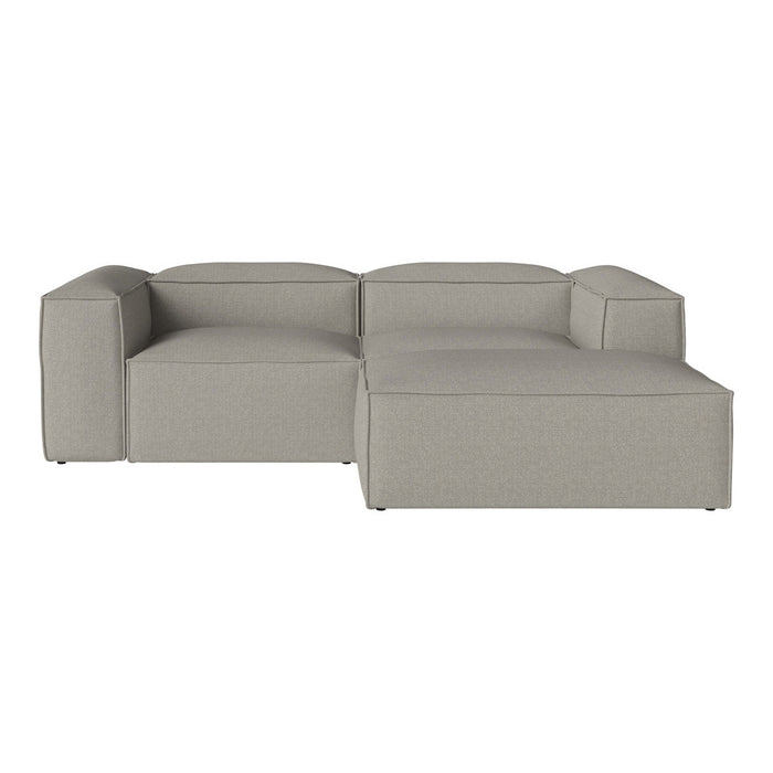 Gray sectional sofa with a smooth fabric texture and minimalistic design, featuring subtle stitching details.