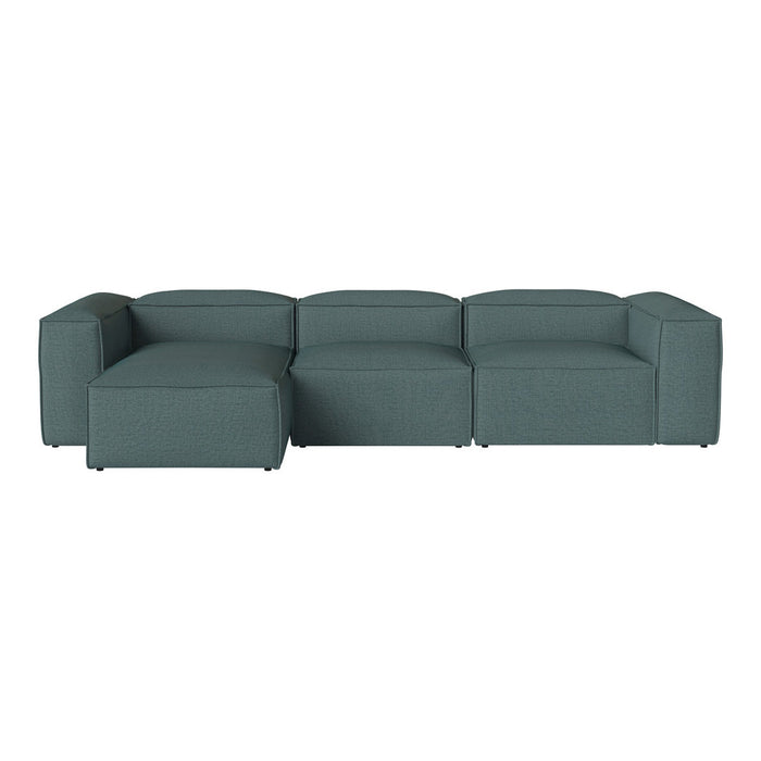 Teal sectional sofa with a sleek, minimalist design and soft, textured fabric. Perfect for modern living spaces.