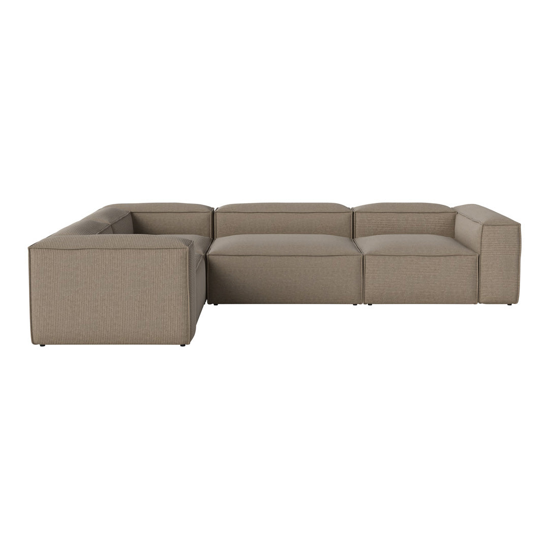 Beige sectional sofa with a simple, modern design and smooth fabric texture, perfect for contemporary interiors.