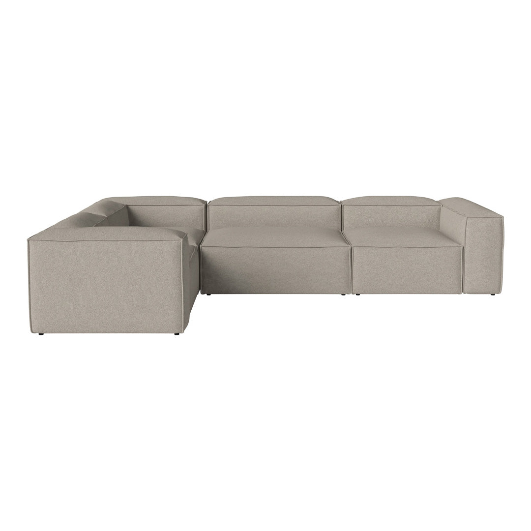 Light gray sectional sofa with a modern, minimalist design and smooth fabric finish, perfect for contemporary interiors.
