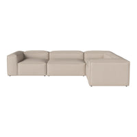 Beige sectional sofa with clean lines and a minimalist design, featuring smooth upholstery and a modern aesthetic.