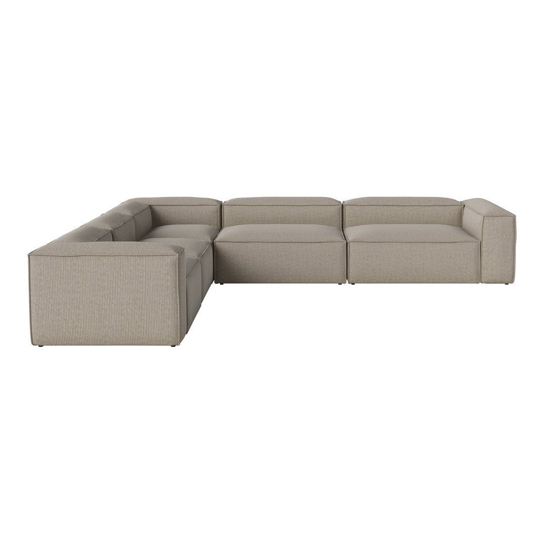 L-shaped sectional sofa in a soft beige fabric with a clean, modern pattern. Perfect for contemporary living spaces.