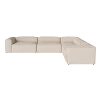 Beige sectional sofa with a minimalist design, featuring a smooth fabric texture and clean lines. Perfect for modern decor.