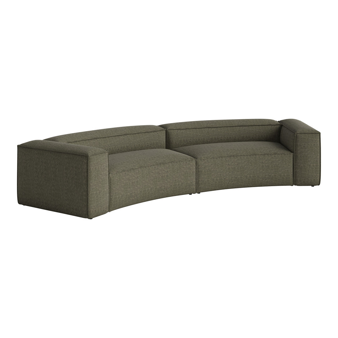 Curved sectional sofa in textured olive green fabric with subtle striped pattern, perfect for modern living spaces.