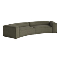 Curved sectional sofa in textured olive green fabric with subtle striped pattern, perfect for modern living spaces.