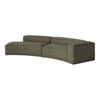 Curved sectional sofa in a muted olive green with subtle textured stripes. Stylish and modern design.