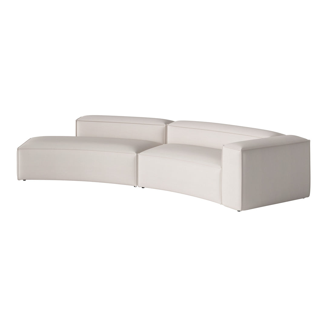 Curved white sofa with a smooth texture and minimalist design, perfect for modern living spaces.