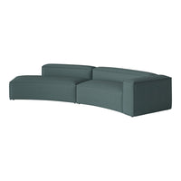 Teal curved sectional sofa with a textured fabric, featuring a minimalist design and clean lines.