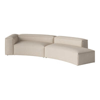 Beige curved sectional sofa with textured fabric, featuring a minimalist design ideal for modern interiors.