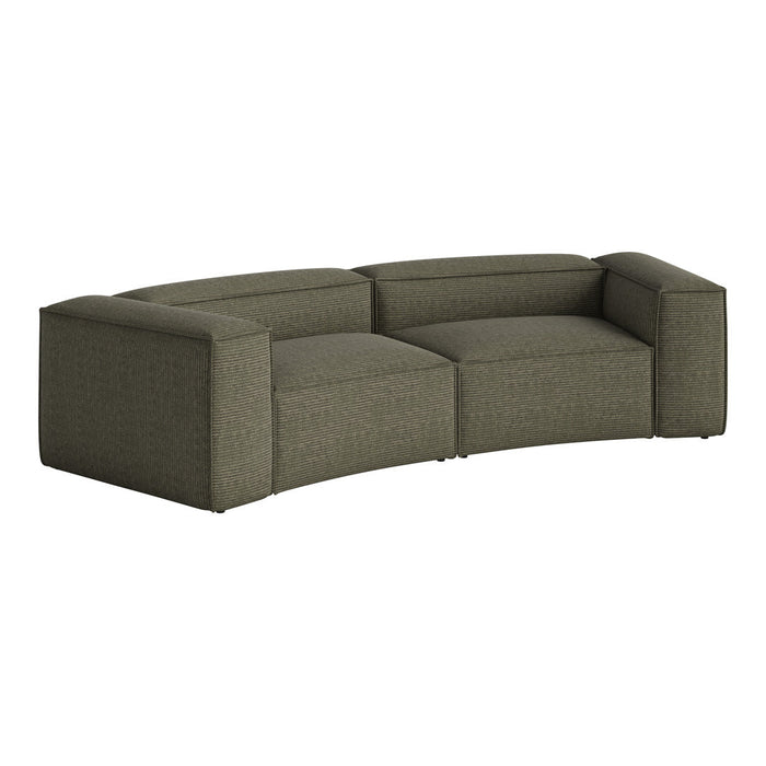Curved green sofa with a subtle striped pattern, offering a modern and cozy aesthetic for any living space.