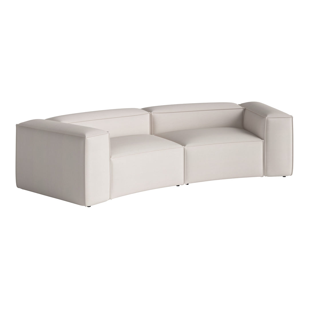 Curved white sofa with a smooth, modern fabric texture, perfect for contemporary living spaces.