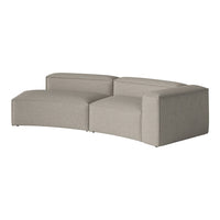 Gray curved sofa with a textured fabric, featuring smooth, modern lines and a minimalist design.