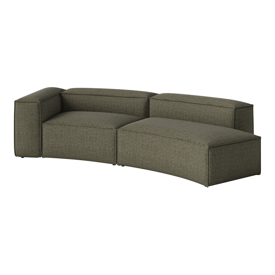 Curved green sectional sofa with a subtle striped pattern, featuring a textured, modern fabric finish.