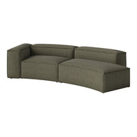 Curved green sectional sofa with a subtle striped pattern, featuring a textured, modern fabric finish.