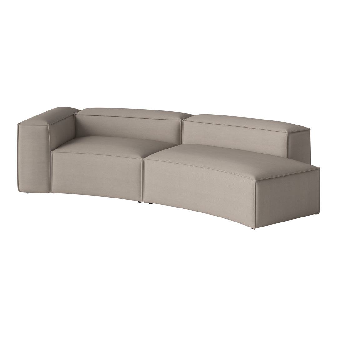 Beige curved modular sofa with a smooth, minimalist design and soft fabric upholstery.