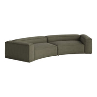 Curved sofa in a textured olive green fabric with subtle stripes, offering a modern and cozy aesthetic.